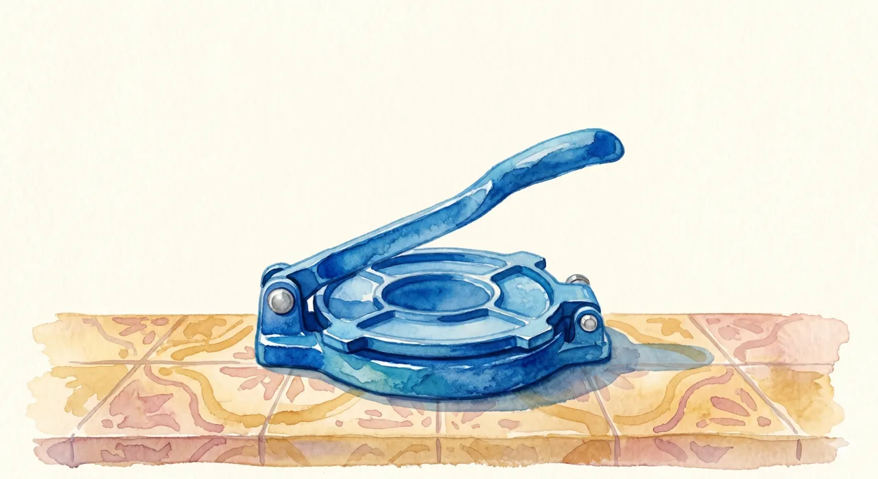 Watercolor illustration of a blue tortilla press on patterned tile